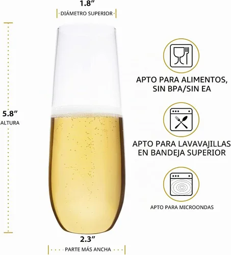 Vista 4 de Bravario Copas de champán de plástico irrompibles sin tallo, vasos de plástico 100% Tritan inastillables, reutilizables, sin BPA, 8.5 onzas, juego