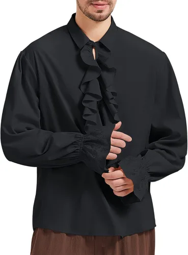 Vista 2 de Zando Camisa pirata para hombre, disfraz de feria renacentista, medieval, vampiro, victoriano, steampunk, vikingo, Halloween, cosplay