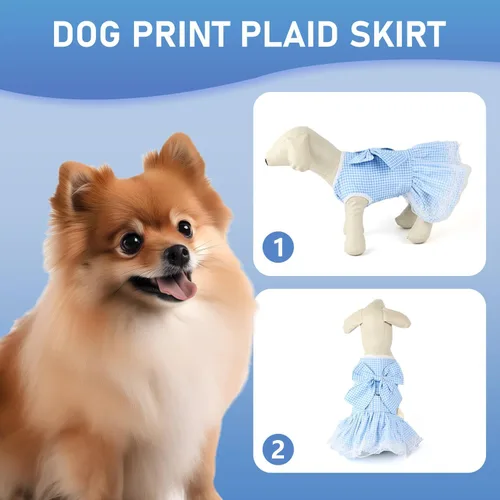 Vista 3 de Vestido para perro a cuadros con lazo, bonito vestido para perro pequeño, gato, cachorro con correa de arnés (azul, talla XS)