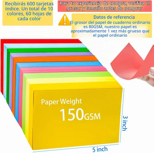 Vista 2 de 600 tarjetas de índice de colores en blanco de 3 x 5 pulgadas, tarjetas flash en blanco, tarjetas de notas en blanco, bloc de tarjetas coloridas