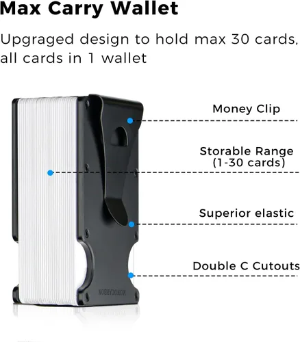 Vista 7 de MONOCARBON Cartera delgada minimalista con bolsillo frontal con bloqueo RFID, clip de dinero para tarjetas de crédito, acero manganeso, Negro