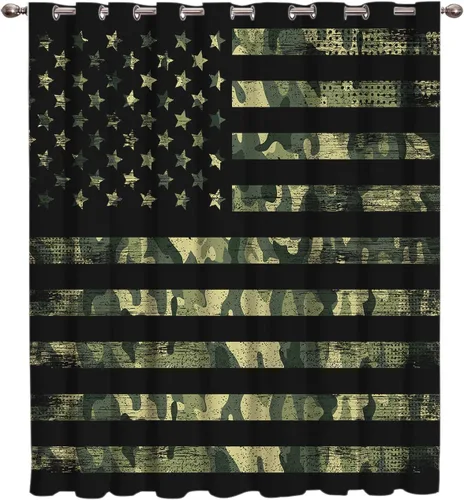 Vista 8 de Cortinas opacas con diseño militar de camuflaje verde rústico, con bandera estadounidense, cortinas opacas con aislamiento térmico para ventana, 1