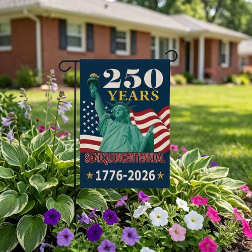 Vista 7 de Bandera de jardín de 250 años de América, pancarta patriótica de doble cara del 250 aniversario de Estados Unidos, diseño de estatua de la libertad