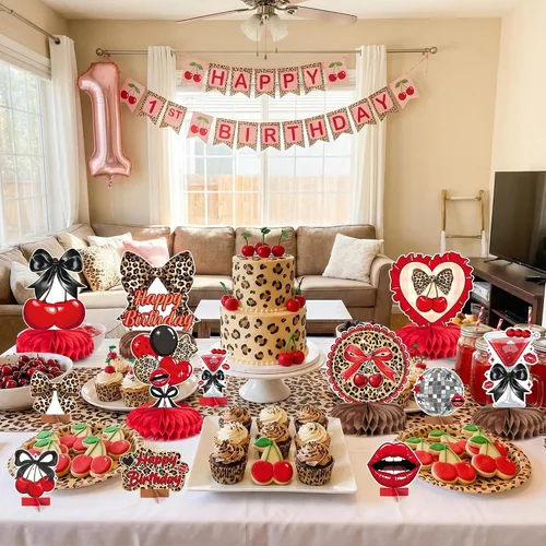 Vista 4 de Haooryx Centros de mesa de panal de cereza, guepardo rojo, 12 piezas, estampado de leopardo, lazo negro, decoración de mesa para fiesta
