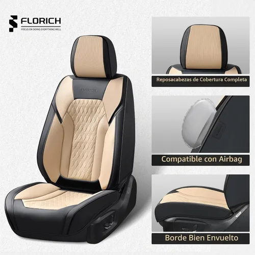 Vista 5 de FLORICH Fundas de asiento, juego completo de fundas de asiento de automóvil, fundas de asiento de cuero de napa de lujo, transpirables e Negro