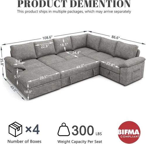 Vista 3 de Sofá modular de 108 pulgadas con cama extraíble, sofá modular en forma de U de 7 asientos con almacenamiento, sofás seccionales para sala de estar