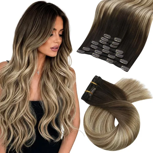 Vista 65 de Moresoo Extensiones de cabello humano con clip, balayage, color marrón oscuro a marrón dorado con clip, extensiones de cabello humano con clip, 5
