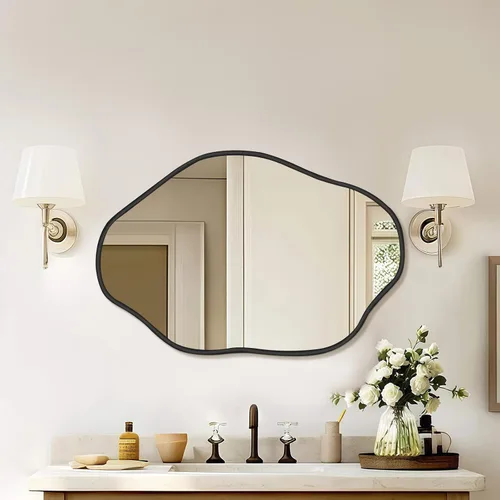 Vista 5 de ULIKE - Espejo de pared irregular de 24×36 pulgadas con marco de madera en negro – Diseño de forma orgánica abstracta para baño, dormitorio, sala