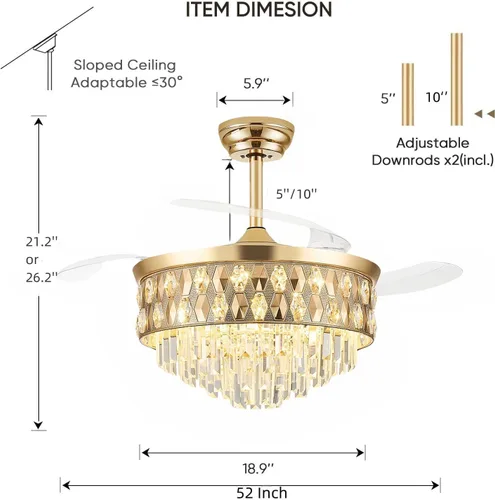 Vista 7 de Ventilador de techo de 52 pulgadas con luz, ventilador de araña, dorado K9 crystal, dimmable 3CCT LED, 6-speed quiet DC motor, memory and timer
