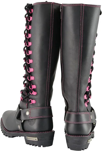 Vista 9 de Milwaukee Leather MBL9367 - Botas de cuero negras de 14 pulgadas con cordones fucsia, talla 9.5