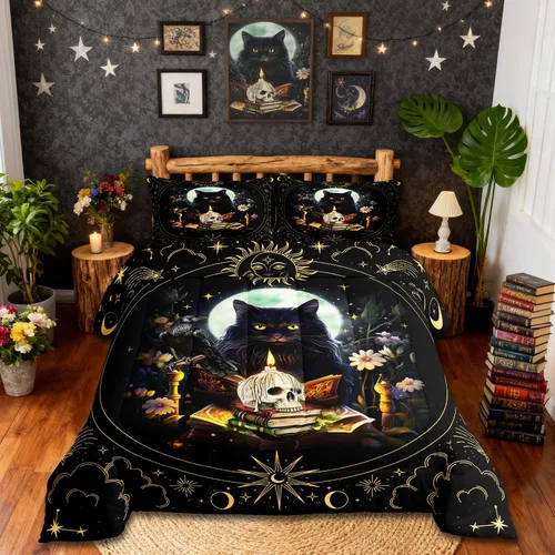 Vista 19 de Castle Fairy Juego de edredón con diseño de gato lindo para niños, tamaño twin, juego de ropa de cama con hojas de flores, luna, noche y cielo