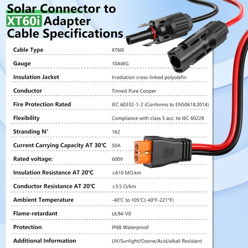 Vista 8 de Vansdon Cable de extensión solar a XT60i, conector solar de 10 AWG de 30 pies a XT60i, cable de carga para estación de energía portátil, generador