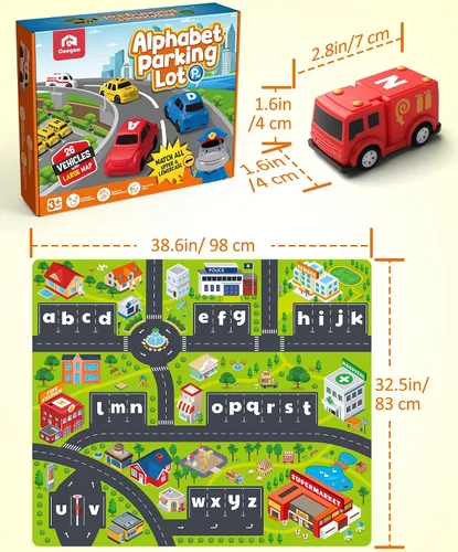 Vista 7 de Coogam Laberinto del Alfabeto, 26 piezas de coche tirador con alfombrilla de juego, juego preescolar de emparejamiento de letras para niños de 3, 4
