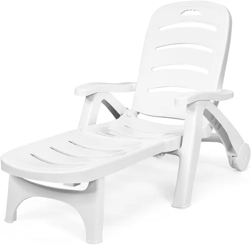 Vista 12 de Tangkula Tumbona para exteriores, silla reclinable ajustable de 5 posiciones con ruedas integradas, resistente a la intemperie, plegable, para Gris