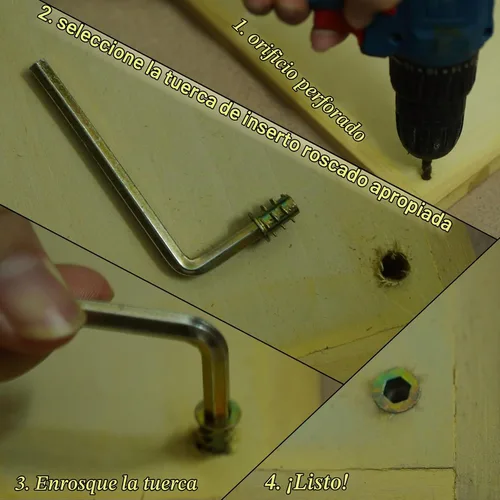 Vista 6 de Insertos roscados para madera, 150 piezas de aleación de zinc, kit surtido de tuercas para madera blanda, enchufe hexagonal con bridas roscadas