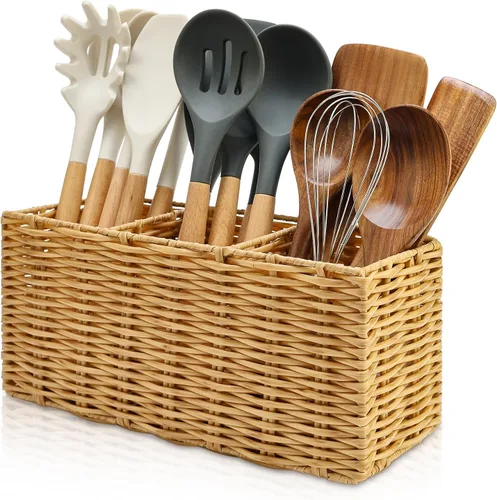 Vista 8 de Ayiaren Organizador de cubiertos de plástico gris para cubiertos, organizador de utensilios pequeños para encimera de cocina, fiesta, cubiertos