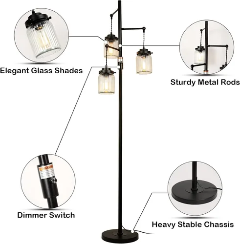 Vista 4 de Lámpara rústica industrial de granja con 3 pantallas de vidrio, lámparas de pie altas con interruptor regulable, base resistente, lámparas de pie