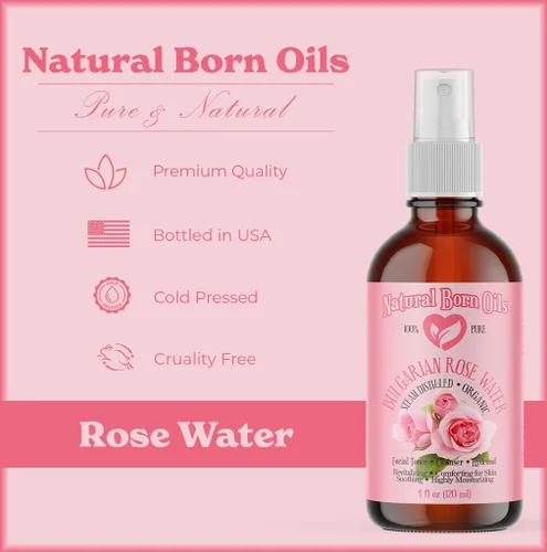 Vista 3 de Natural Born Oils Hidrosol de agua de rosas de 4 onzas, 100% pura y natural, orgánico, destilado al vapor, limpiador de tóner facial