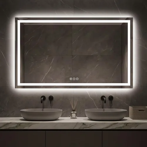 Vista 19 de Espejo de baño LED de 24x32'' con luz, marco de aluminio, regulable frontal y retroiluminado, antivaho, sin distorsión, memoria de luz, templado e