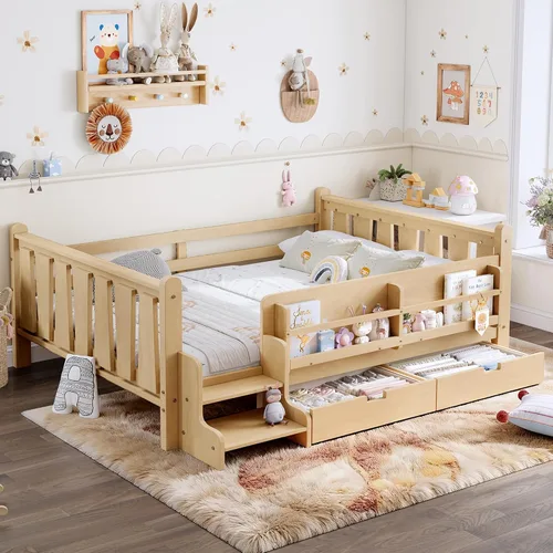 Vista 18 de Cama Montessori de tamaño matrimonial con estantería, cajones de Natural