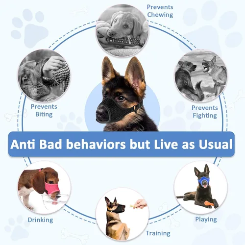Vista 5 de LuckyPAW Bozal para Perros, Bozales Suaves para Perros Grandes, Medianos y Pequeños para Evitar Mordeduras y Masticaciones con Anillo y Correa Negro