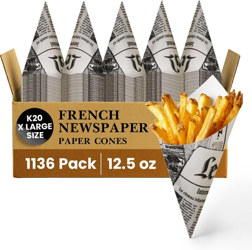 Vista 13 de Friteshop LeMende - Conos de papel de periódico francés – Vasos desechables para servir aperitivos – K13, 4.5 oz Mini Snacks – 100 unidades Le