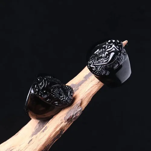 Vista 5 de Renning Feng Shui - Anillos de obsidiana negra para hombres y mujeres anillo de amuleto PiXiu de la suerte talla 9-12