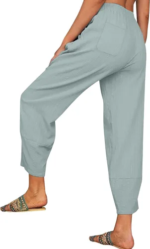 Vista 2 de FEDULKSTORE Pantalones de pierna ancha de algodón y lino para mujer, pantalones palazzo casuales de verano de cintura alta, pantalones holgados