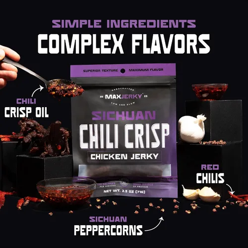 Vista 6 de MaxJerky Sichuan Chili Crisp Chicken Jerky, 0.97 oz de proteína, 2.5 onzas (paquete de 4)