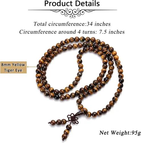 Vista 5 de Jovivi Collar tibetano de 0.236 in 0.315 in, 108 cuentas de piedras preciosas naturales de ojo de tigre de oración Mala