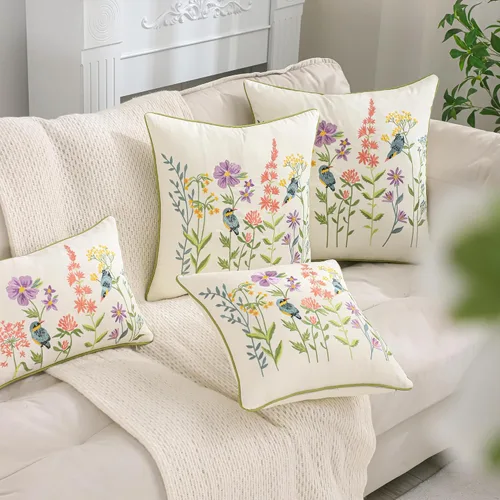 Vista 7 de Juego de 2 fundas de almohada bordadas de 16 x 16 pulgadas, diseño vintage de pájaros con flores, fundas de almohada de granja para almohada, fundas