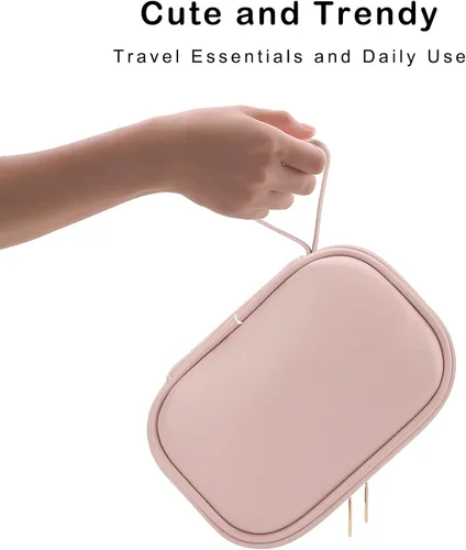 Vista 5 de E-Tree Bolsa de maquillaje de piel sintética para mujer, organizador de cosméticos de viaje con doble cremallera, bolsa de aseo pequeña impermeable