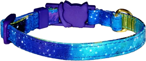 Vista 2 de Collar de gato con galaxia, Cosmos de azul y morado, 100% algodón, 3/8 pulgadas de ancho, 2 tamaños, hebilla de seguridad separable, hecho a mano