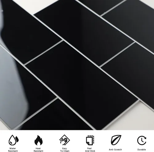 Vista 6 de Black Peel and Stick Backsplash Subway Tile, 12"x12", 6-Sheet Self Adhesive, Faux Ceramic, Glossy, 5.97 SQ.FT, For Kitchen Bathroom