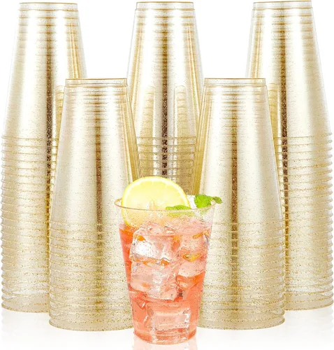Vista 11 de JOLLY CHEF Paquete de 100 vasos de plástico dorados de 12 onzas, vasos dorados desechables, vasos de fiesta resistentes para bodas, Acción de 39.4 in