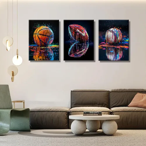 Vista 4 de 3 piezas de arte de pared en lienzo deportivo de graffiti para habitación de niños, rústico, fútbol, béisbol, fútbol americano, rugby, decoración