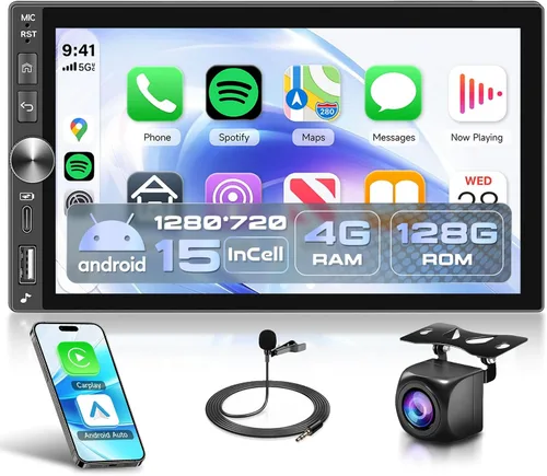 Vista 10 de Rimoody 4GB+64GB Android doble DIN estéreo del coche con Carplay inalámbrico y Android Auto