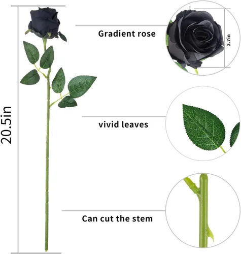 Vista 2 de 10 rosas artificiales de tallo largo, rosas de seda falsas para bricolaje, ramo de boda, mesa, centro de mesa, decoración del hogar (negro)