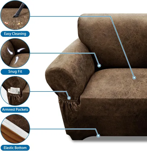 Vista 153 de Fundas para Sillón de 2 Piezas con Cojín en T, Fundas de Aspecto de Cuero para Sofá, Fundas para Sillas, Protector de Muebles Elástico, Funda