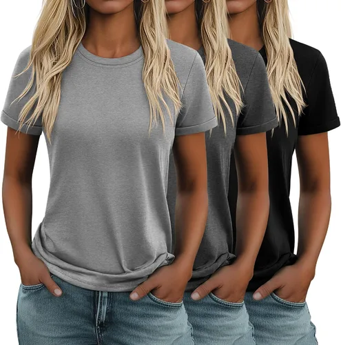 Vista 27 de Huukeay Paquete de 3 camisetas de algodón para mujer, estilo casual, de manga corta, cuello redondo, ajuste holgado, básica, lisa