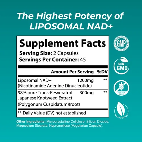 Vista 3 de Suplemento liposomal NAD+ Suplementos NAD mejor calificados para mujeres y hombres con resveratrol y extracto de Knotweed japonés, soporte