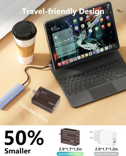 Vista 4 de ACOUCOU Cargador USB C de 100 W, 4 puertos GaN de carga rápida plegable compacto cargador de corriente para MacBook, iPad, iPhone, Galaxy S24 Ultra