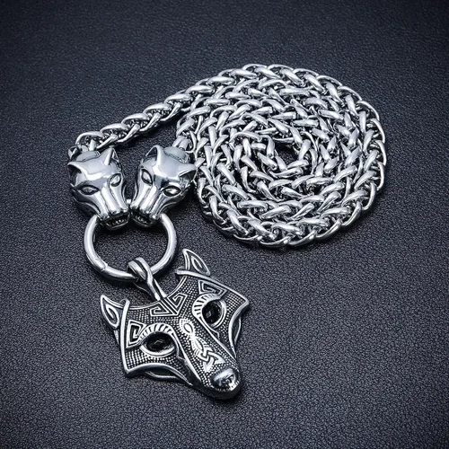 Vista 4 de BAVIPOWER Colgante de amuleto vikingo con cabeza de lobo grande, collar de cadena de acero inoxidable 316L, collar escandinavo nórdico auténtico