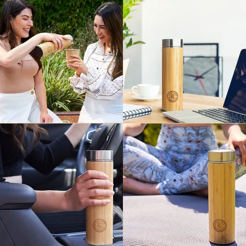 Vista 6 de LeafLife Botella de Té de Bambú Premium para Té Suelto - Botella Infusora de Té - Regalos de Té - Botella de Agua Aislada/Vaso de Café/Té - Set