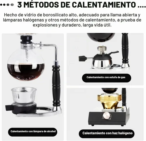 Vista 5 de YUCHENGTECH Cafetera de sifón de mesa de vidrio con olla de sifón de vidrio técnica de vacío (3 tazas (360ml))