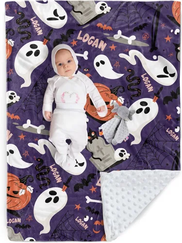 Vista 14 de Manta de Halloween personalizada, diseños de dibujos animados con nombre personalizable, manta de franela de felpa suave con respaldo punteado