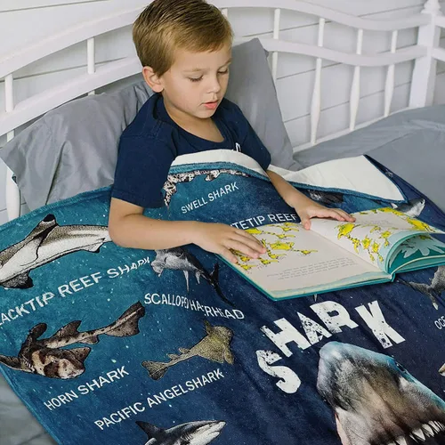 Vista 2 de Manta de tiburón para niños de 60 x 50 pulgadas, regalos con temática de tiburón para niños