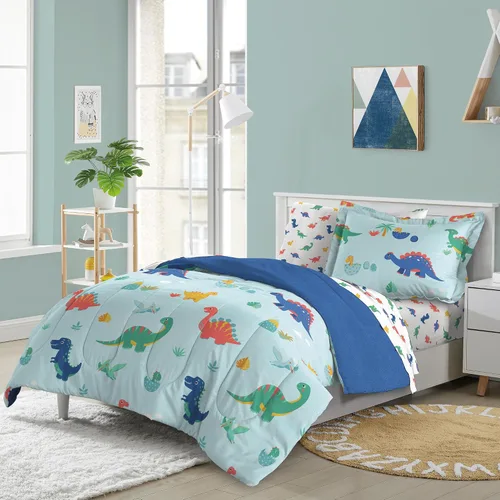 Vista 145 de Dream Factory Dinosaur Blocks - Juego de edredón de microfibra ultrasuave para niños, color azul, tamaño individual Bloques de dinosaurios azules