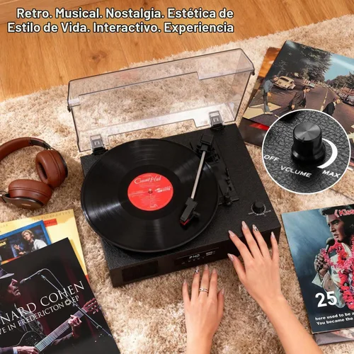 Vista 9 de Tocadiscos de vinilo Bluetooth con dos altavoces incorporados, grabación USB, transmisión por correa, 3 velocidades, tocadiscos para discos