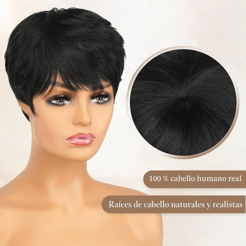 Vista 4 de RUWISS Peluca de cabello humano con corte Pixie, peluca de cabello humano con flequillo, peluca negra corta natural en capas, ondulada, diferentes